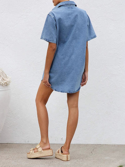 Loose Short Sleeves Split-Joint Lapel Mini Dresses Shirt Dress