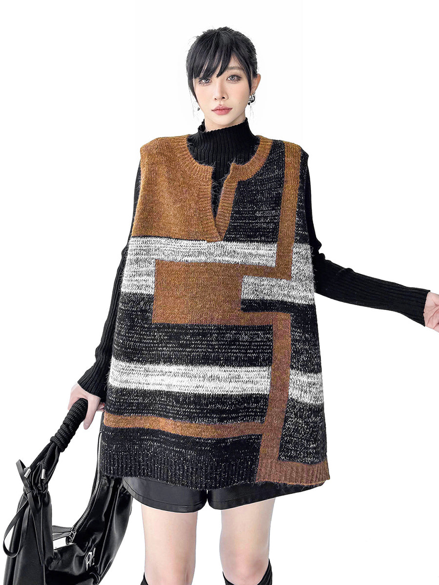 Loose Sleeveless Contrast Color Geometric Split-Joint Striped V-Neck Outerwear Vest Top