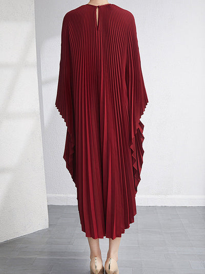 Batwing Sleeves Loose Pleated Solid Color Maxi Dresses