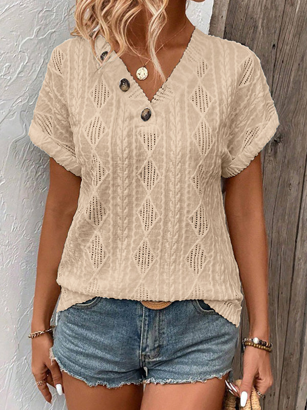 Loose Short Sleeves Buttoned Solid Color V-Neck T-Shirts Tops