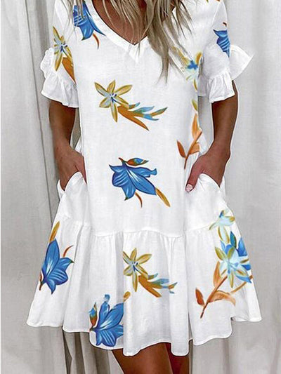 A-Line High Waisted Contrast Color Pleated Pockets Printed Split-Joint V-Neck Midi Dresses