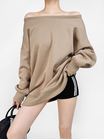 Long Sleeves Loose Solid Color Split-Joint Round-Neck Sweatshirt Tops