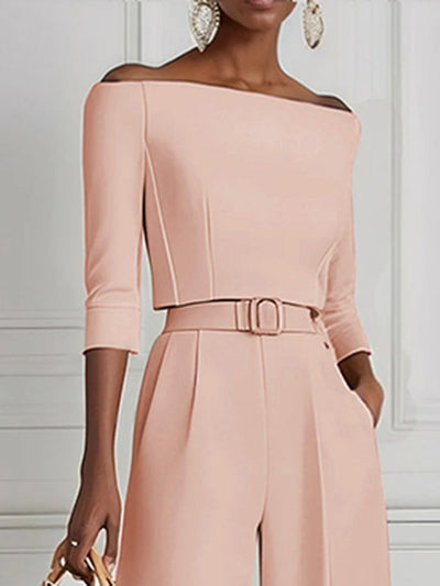 Half Sleeves Solid Color Split-Joint Off-The-Shoulder T-Shirts Tops