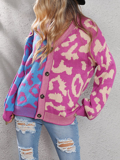 Long Sleeves Loose Buttoned Leopard Split-Joint V-Neck Cardigan Tops
