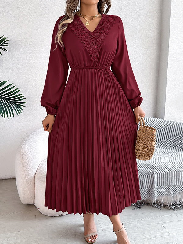 Elasticated Waist High Waisted Pleated Solid Color V-Neck Midi Dresses