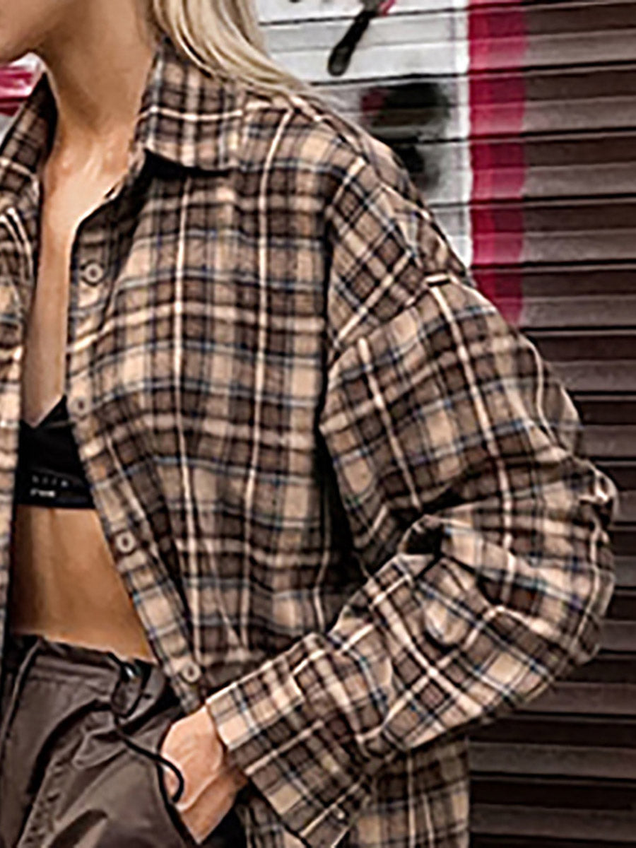 Long Sleeves Loose Buttoned Contrast Color Plaid Split-Joint Lapel Blouses&Shirts Tops Outerwear