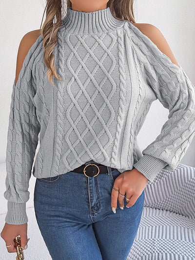 Long Sleeves Loose Hollow Solid Color Cold Shoulder Pullovers Sweater Tops