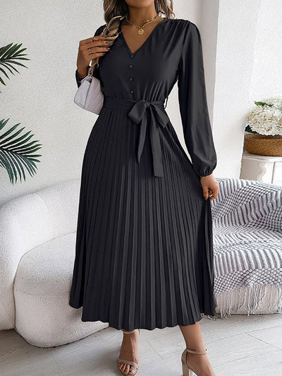 High Waisted Long Sleeves Belted Buttoned Pleated Solid Color V-Neck Maxi Dresses