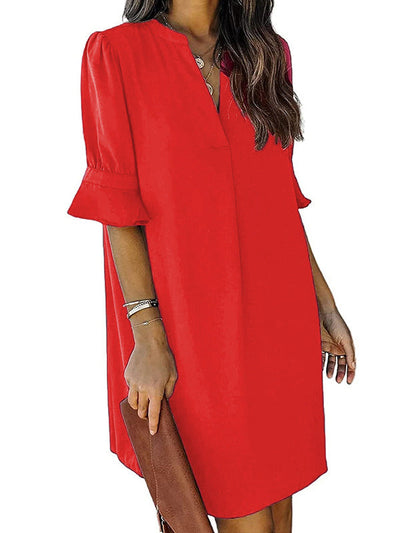 A-Line Flared Sleeves Pleated Ruffled Solid Color Split-Joint V-Neck Mini Dresses