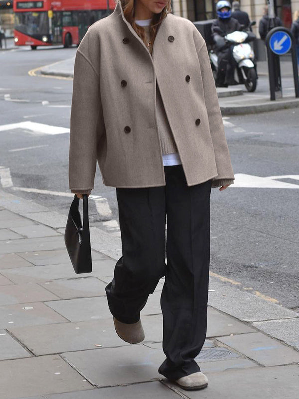 Long Sleeves Loose Buttoned Stand Collar Woolen Coat