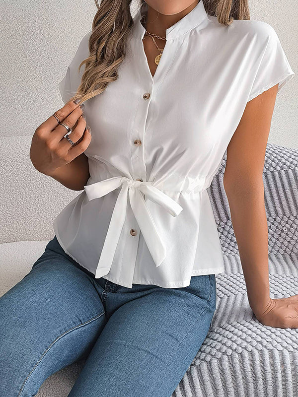 Loose Short Sleeves Drawstring Split-Joint Round-Neck Blouses&Shirts Tops