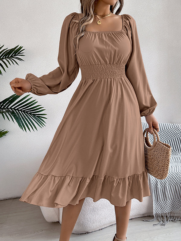 A-Line Elasticated Waist Pleated Ruffled Solid Color Square-Neck Midi Dresses