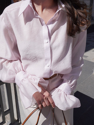 Loose Puff Sleeves Pleated Solid Color Split-Joint Lapel Blouses&Shirts Tops