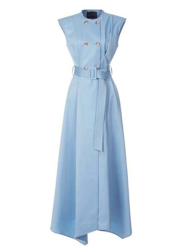 A-Line High Waisted Belted Buttoned Pockets Solid Color Round-Neck Maxi Dresses