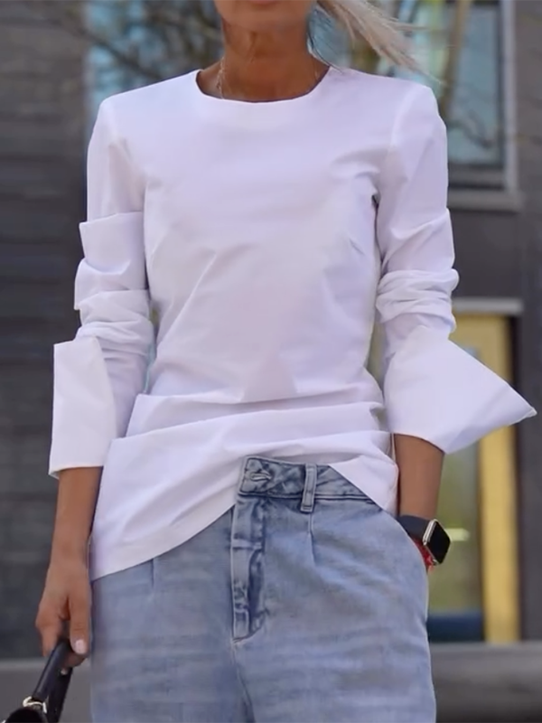 Long Sleeves Loose Solid Color Round-Neck T-Shirts Tops