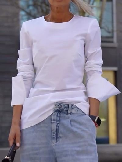 Long Sleeves Loose Solid Color Round-Neck T-Shirts Tops