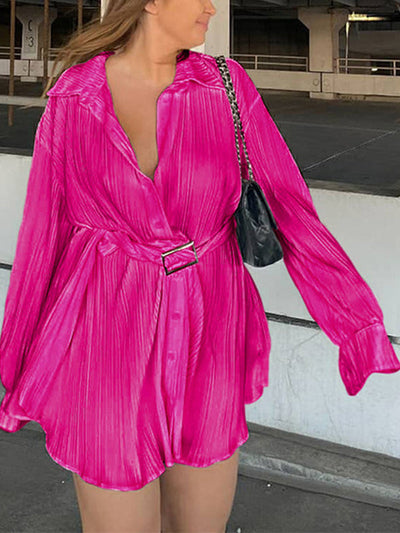 Long Sleeves Buttoned Pleated Solid Color Tied Waist Lapel Mini Dresses Shirt Dress