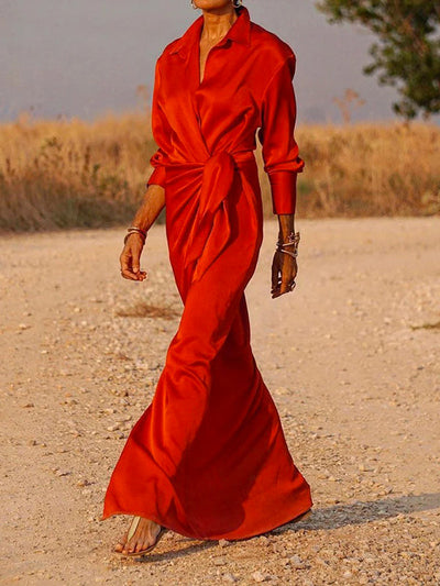 Long Sleeves Loose Solid Color Lapel Collar Maxi Shirt Dresses