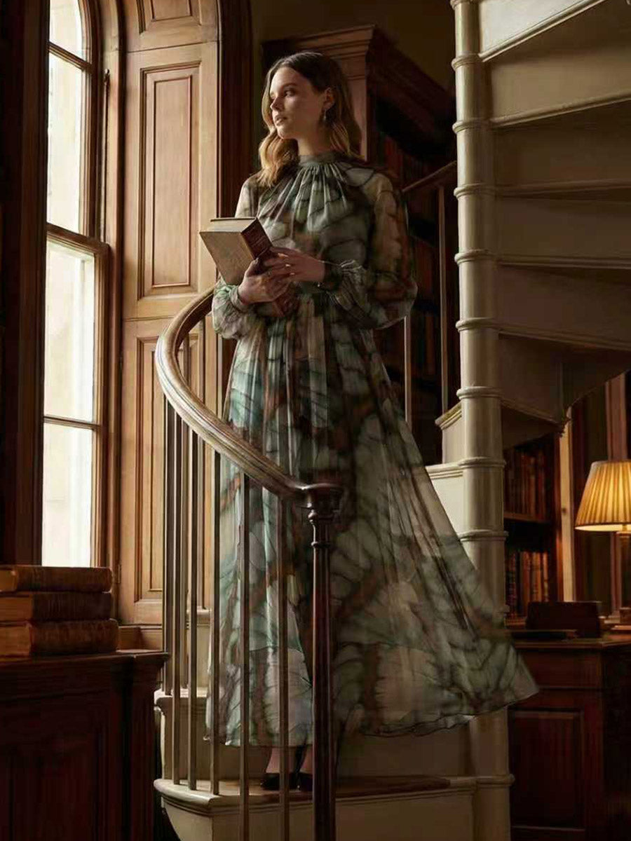 Balloon Sleeves Long Sleeves Big Hemline Contrast Color Pleated Print Zipper Stand Collar Maxi Dresses