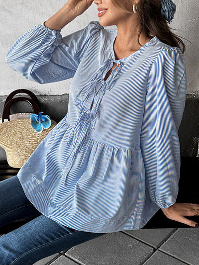 Long Sleeves Loose Elasticity Pleated Striped Tied Round-Neck Blouses&Shirts Tops