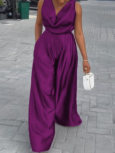 Loose Sleeveless Solid Color Deep V-Neck Jumpsuits