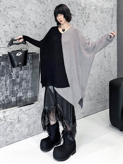 Batwing Sleeves Irregularity Asymmetric Contrast Color Split-Joint Textured V-Neck Sweater Tops
