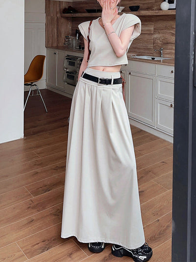 A-Line High Waisted Belted Pleated Solid Color Skirts Bottoms