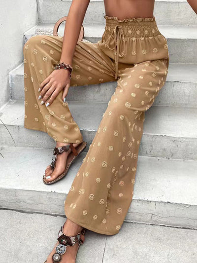 High Waisted Loose Drawstring Elasticity Jacquard Solid Color Pants Trousers