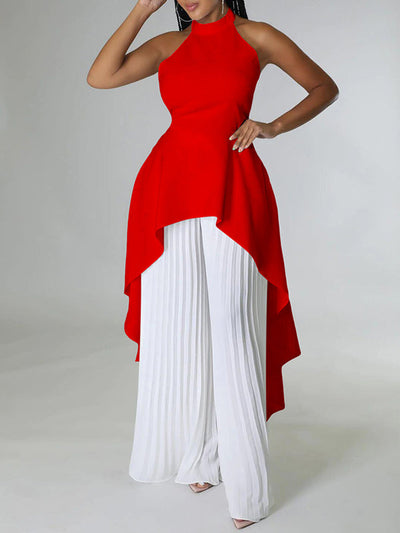 Loose Backless Lacy Solid Color Halter-Neck Vest Top + High-Low Pants Bottom Two Pieces Set