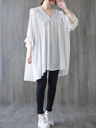 Loose Ruffle Sleeves Ruffled Solid Color Peter Pan Collar Blouses&Shirts Tops