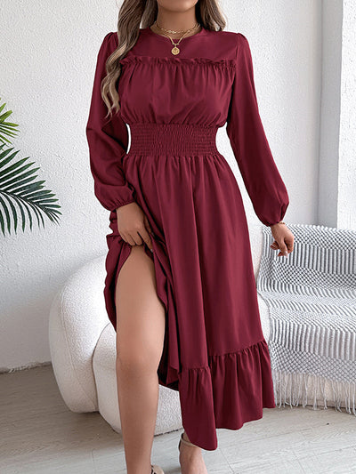 A-Line Elasticated Waist Pleated Solid Color Round-Neck Maxi Dresses