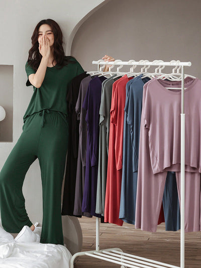 Casual Short Sleeves Solid Color V-Neck T Shirt Top&Drawstring Pants Pajamas Set