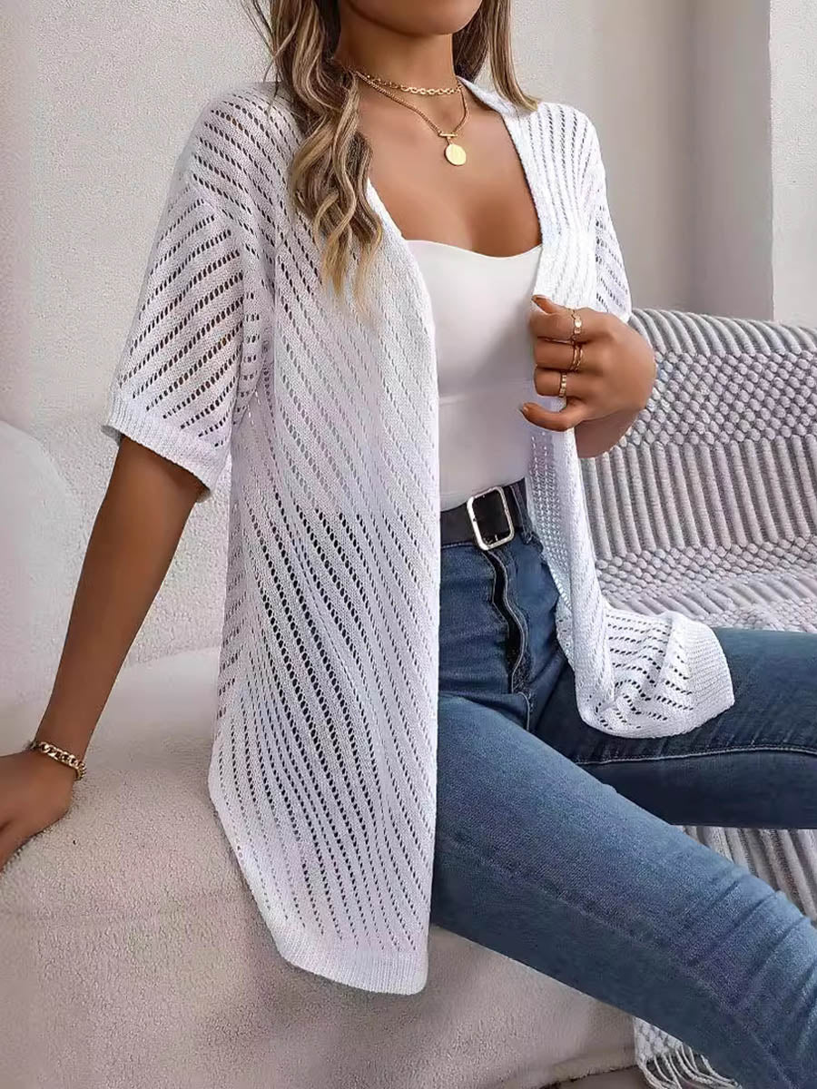 Half Sleeves Loose Hollow Solid Color Cardigan Tops