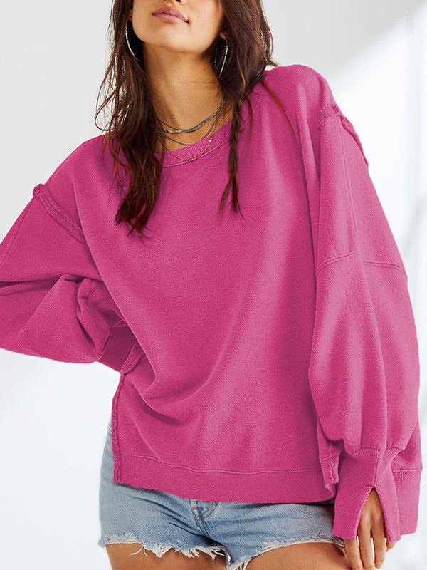 Long Sleeves Loose Fringed Solid Color Split-Joint Split-Side Round-Neck Sweatershirt