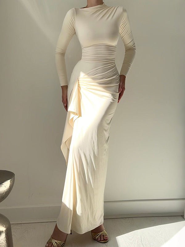 Bodycon High Waisted Asymmetric Pleated Ruffled Solid Color Split-Joint Round-Neck Maxi Dresses