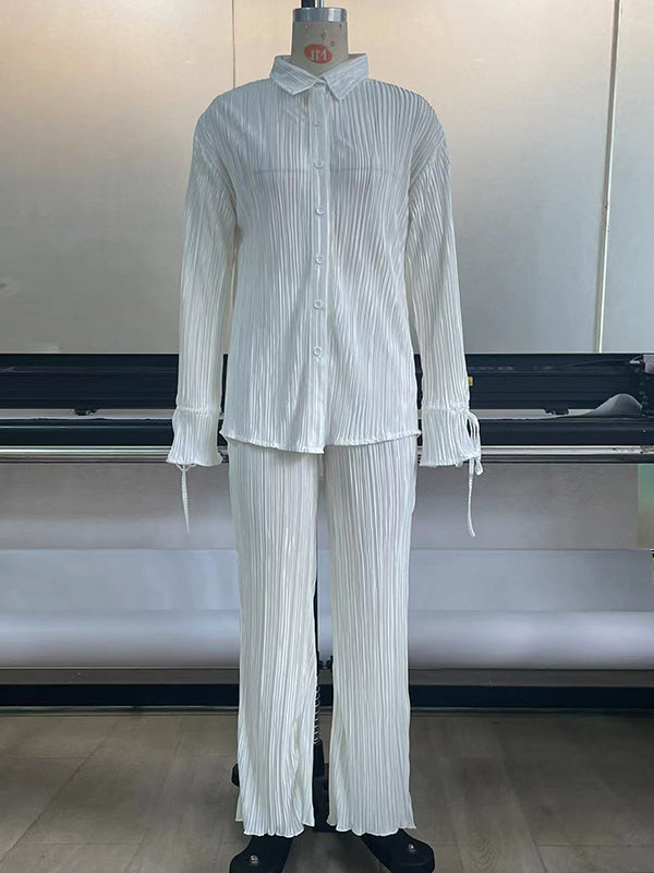 Flared Sleeves Long Sleeves Buttoned Drawstring Pleated Solid Color Split-Side Lapel Shirts Top + Pants Bottom Pajama Sets