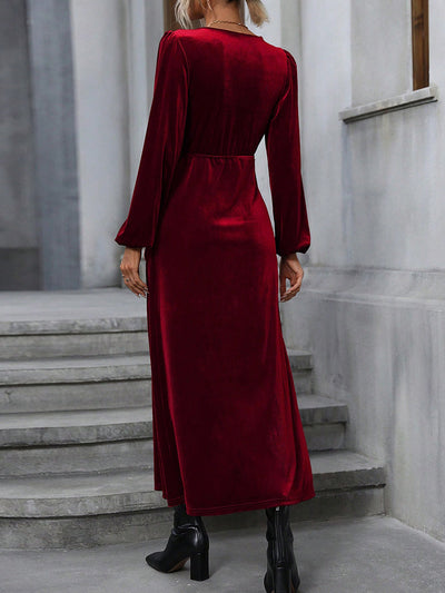 High Waisted Long Sleeves Solid Color Split-Side Tied Waist Velvet Deep V-Neck Maxi Dresses