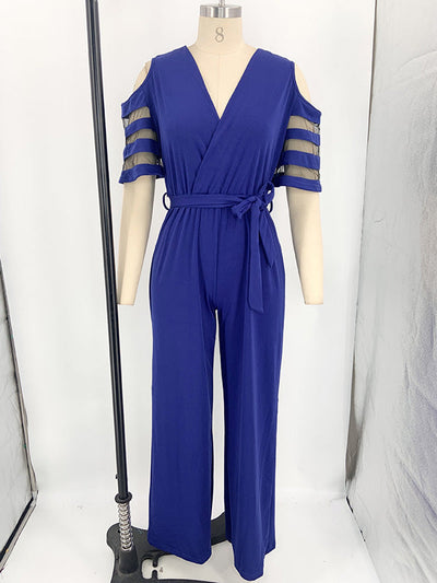 High Waisted Loose Hollow Mesh Solid Color Tied Waist V-Neck Jumpsuits