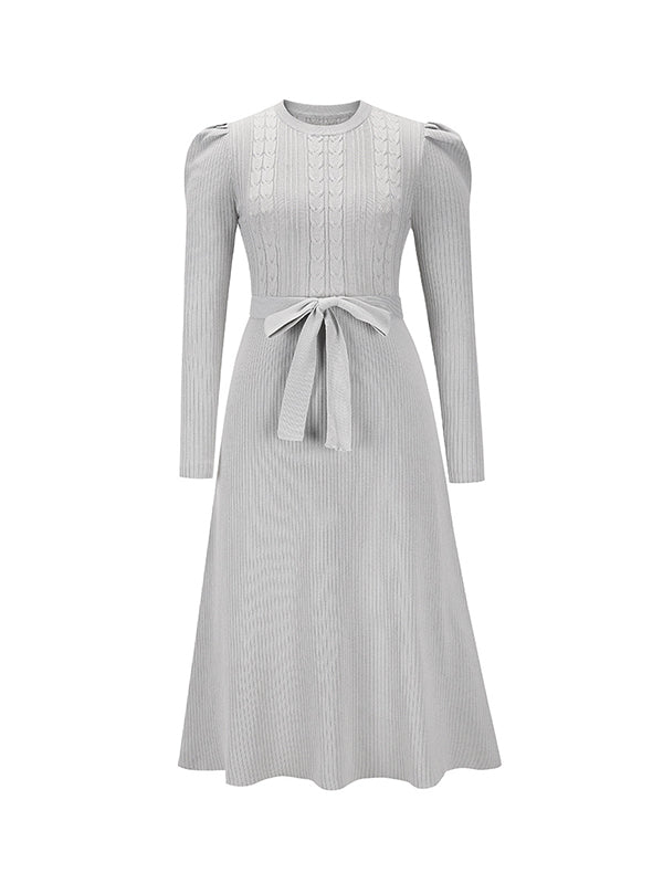 High Waisted Long Sleeves Solid Color Tied Waist Round-Neck Midi Dresses Sweater Dresses