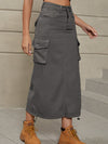 A-Line Buttoned Drawstring Pockets Solid Color Split-Side Skirts Bottoms