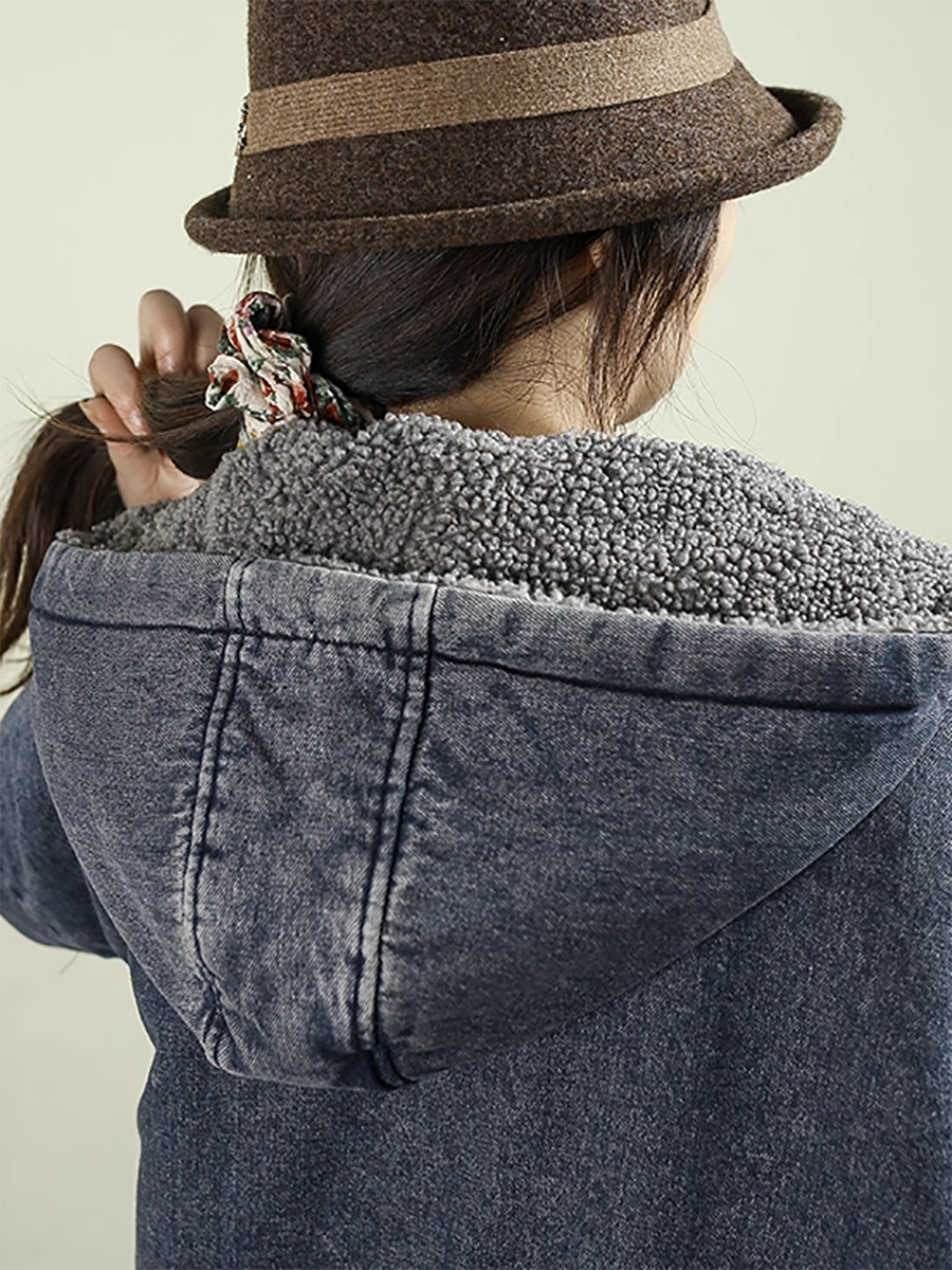 Women Winter Denim Spliced Lamb Fleece Hooded Coat