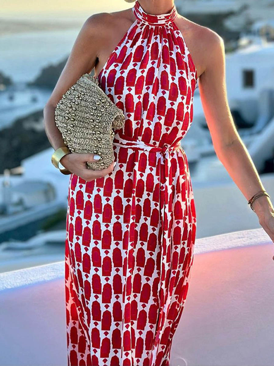High Waisted Sleeveless Contrast Color Printed Split-Joint Split-Side Tied Waist Halter-Neck Maxi Dresses