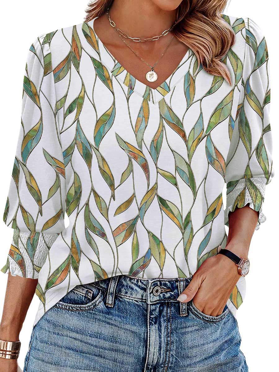 Long Sleeves Loose Contrast Color Pleated Printed Split-Joint V-Neck T-Shirts Tops