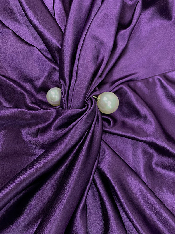 Solid Color Bodycon Long Sleeves Pleated  Split-Front Tied Waist Deep V-Neck Maxi Dresses