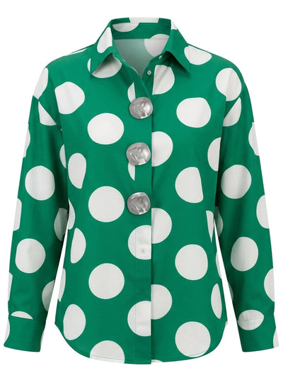 Long Sleeves Loose Buttoned Contrast Color Polka-Dot Lapel Blouses&Shirts Tops