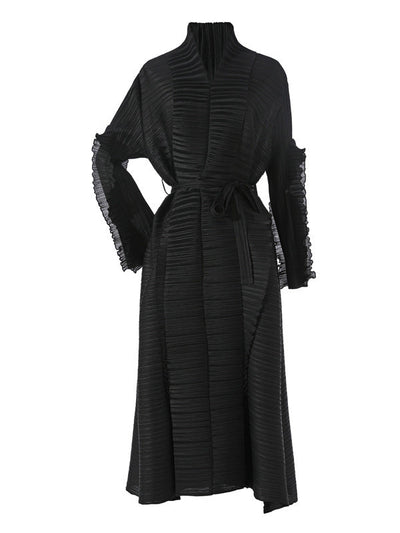 Casual Long Sleeves Loose Tied Pleated Stand Collar Midi Dresses