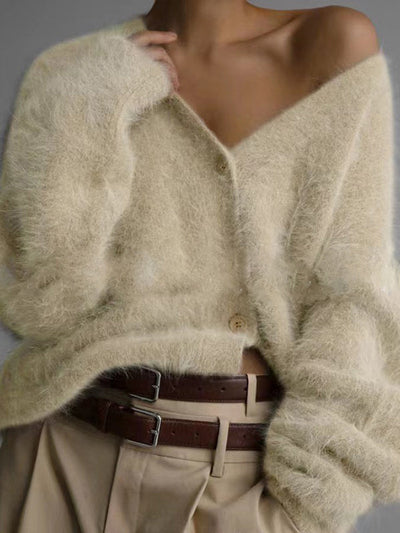 Long Sleeves Loose Buttoned Solid Color V-Neck Cardigan Tops