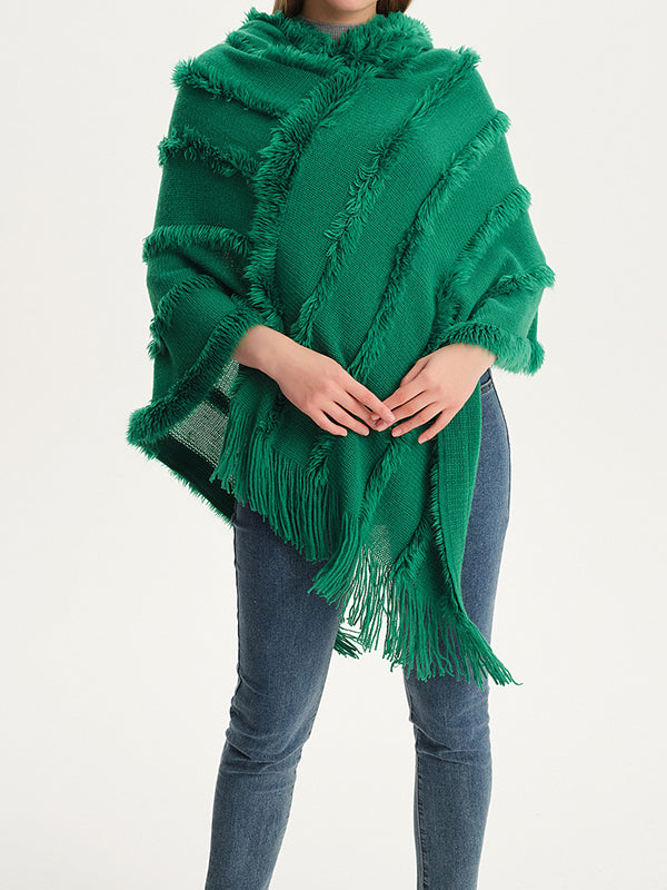 Hooded Keep Warm Solid Color Tasseled Cape Shawl&Cloak