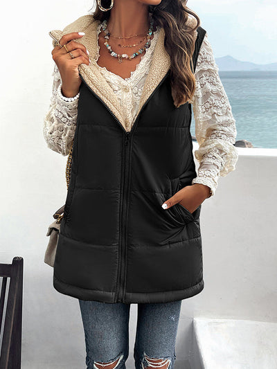 Loose Sleeveless Pockets Quilted Reversible Zipper Hooded Padded Vest Vest Outerwear
