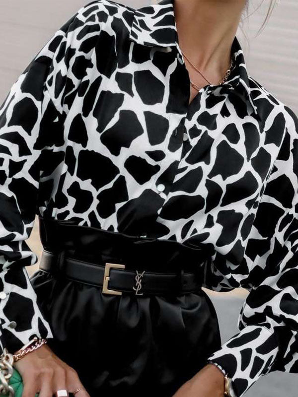 Long Sleeves Loose Contrast Color Printed Lapel Blouses